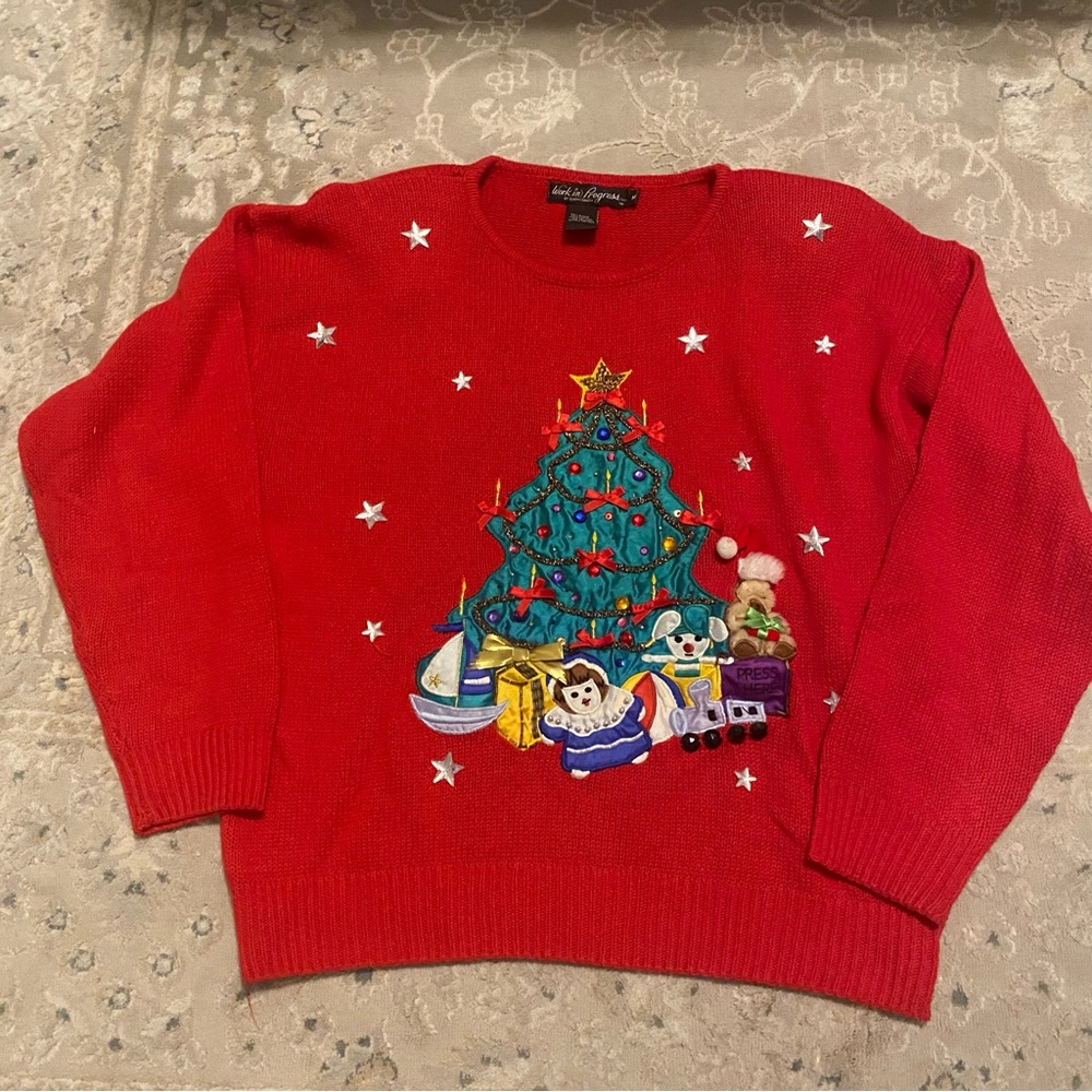 Work in Progress by Gladys Bagley Christmas sweater Tree, doll, bear, presents
